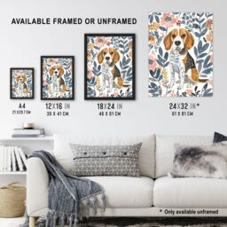 "Artery8 Dog Lover Beagle in Flower Garden Watercolour Framed Wall Art - Size: W12"" x H16""" - thumbnail 3