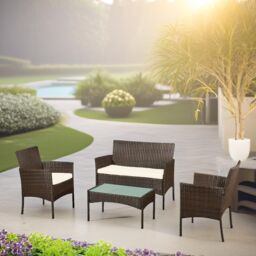 FURNOS Set of 4 Wicker Garden Bistro Furniture Set in Brown - thumbnail 1
