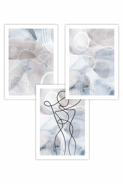 ARTZE Set of 3 Abstract Fashion Line Art in Blue & Beige Art Posters in Mid Blue - Size: W50 cm x H70 cm - image 1