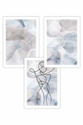 ARTZE Set of 3 Abstract Fashion Line Art in Blue & Beige Art Posters in Mid Blue - Size: W50 cm x H70 cm - thumbnail 1