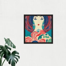 "Artery8 Wall Art Print Geisha Art Deco Portrait Blue Pink Red Pattern Linocut Square Framed Picture 16X16 Inch in Black - Size: W16"" x H16""" - thumbnail 2