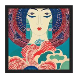 "Artery8 Wall Art Print Geisha Art Deco Portrait Blue Pink Red Pattern Linocut Square Framed Picture 16X16 Inch in Black - Size: W16"" x H16""" - thumbnail 1