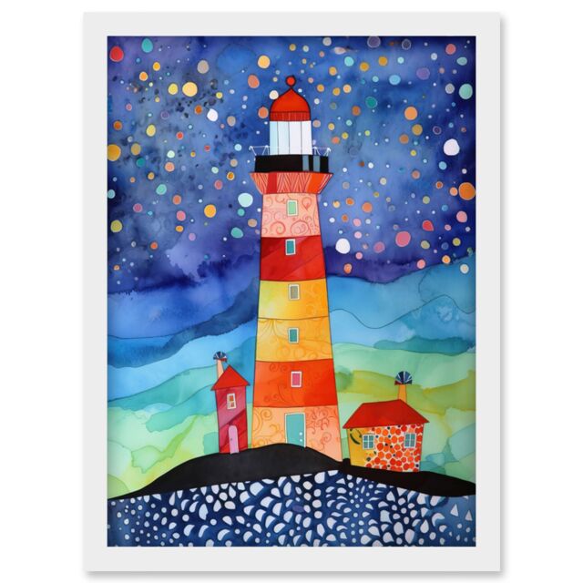 Artery8 Lighthouse On Starry Night Folk Art Watercolour Painting Artwork Framed Wall Art Print A4 in White - image 1