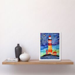 Artery8 Lighthouse On Starry Night Folk Art Watercolour Painting Artwork Framed Wall Art Print A4 in White - thumbnail 2