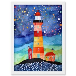 Artery8 Lighthouse On Starry Night Folk Art Watercolour Painting Artwork Framed Wall Art Print A4 in White - thumbnail 1