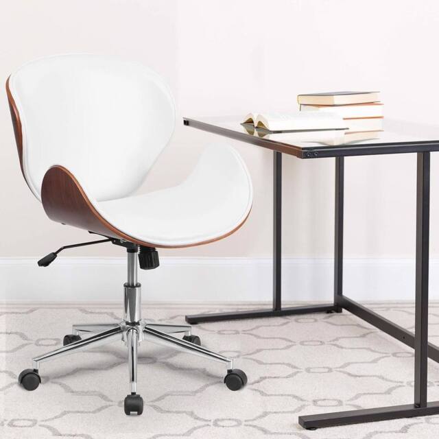 FWStyle Walnut Effect White Faux Leather Executive Office Swivel Chair - image 1