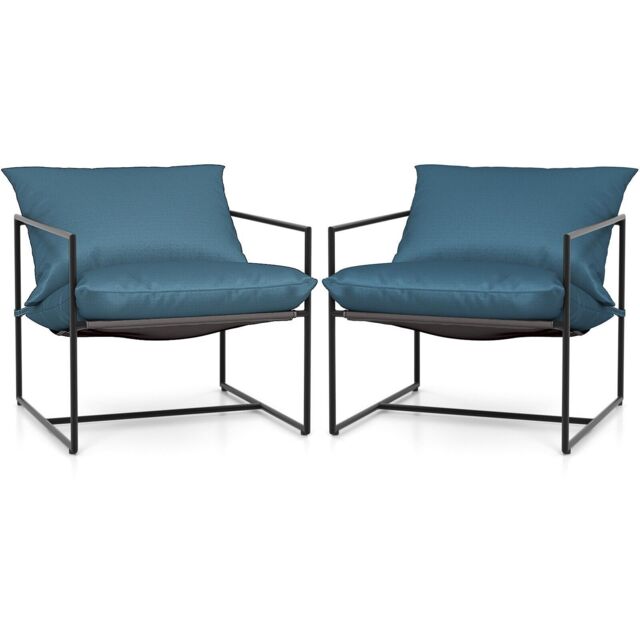 Costway Sling Accent Chairs Set of 2 Outdoor Modern Metal Framed Armchairs in Navy - image 1