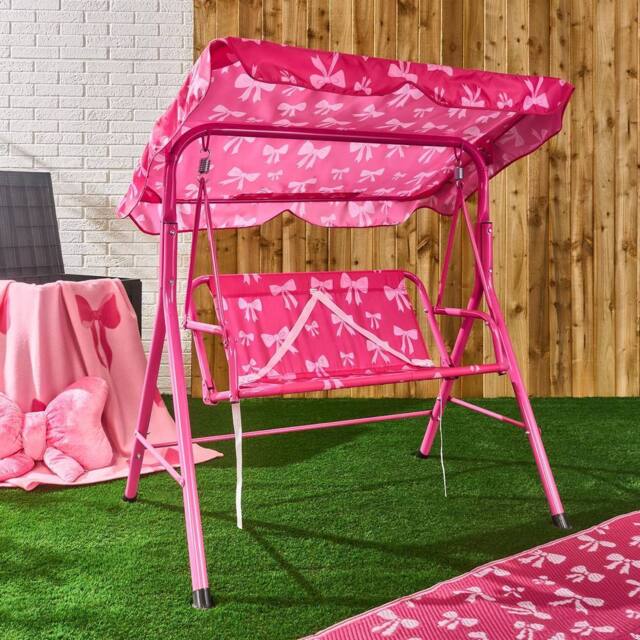 OHS Kids Bows 2 Seater Swing Bench Canopy Garden Patio Play Set in Bright Pink - image 1