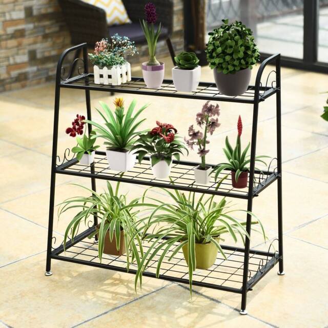 Costway 3-tier Metal Plant Stand Shelf Multifunctional Flower Rack Display Pot Holder in Black - image 1