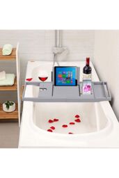 Living and Home Rustic Expandable Bamboo Wooden Bathtub Caddy Tray in Grey - thumbnail 4
