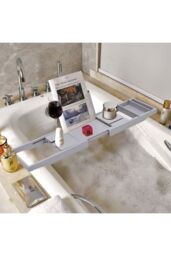 Living and Home Rustic Expandable Bamboo Wooden Bathtub Caddy Tray in Grey - thumbnail 3