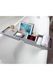 Living and Home Rustic Expandable Bamboo Wooden Bathtub Caddy Tray in Grey
