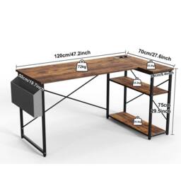 BEXEVUE 120cm Reversible L-Shaped Gaming Desk with Power Outlets & Shelves in Dark Brown - Size: 120 cm x 70 cm - thumbnail 3