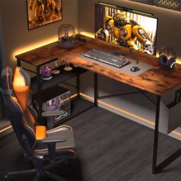 BEXEVUE 120cm Reversible L-Shaped Gaming Desk with Power Outlets & Shelves in Dark Brown - Size: 120 cm x 70 cm - thumbnail 1