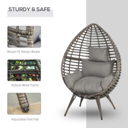 OUTSUNNY eardop PE Wicker Rattan Chair w/ Thick Cushions 4 Legs Outdoor Seat Egg Garden in Grey - thumbnail 4