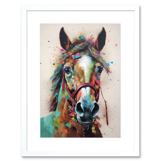 "Artery8 Wall Art Print Horse Multicoloured Spray Paint & Oil Painting Artwork Framed 9X7 Inch in White - Size: W7"" x H9""" - image 1