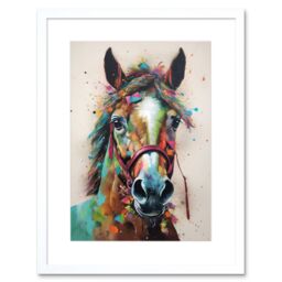 "Artery8 Wall Art Print Horse Multicoloured Spray Paint & Oil Painting Artwork Framed 9X7 Inch in White - Size: W7"" x H9""" - thumbnail 1