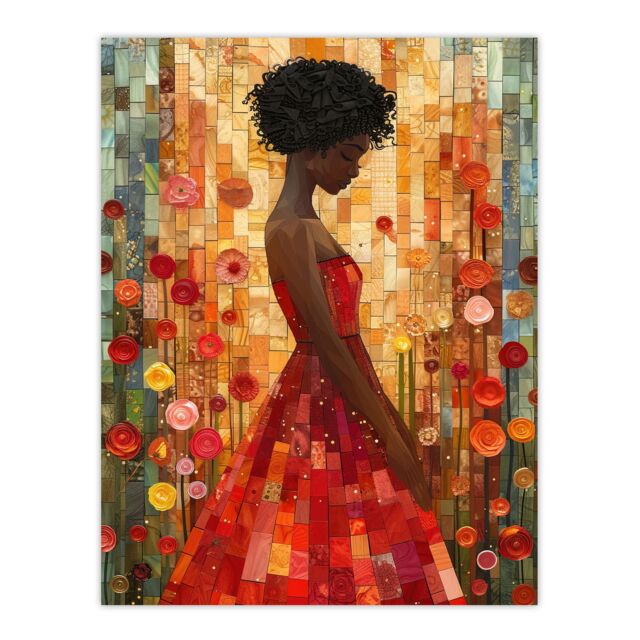 "Artery8 Woman Red Dress Rose Garden Mosaic Collage Wall Art Print in Orange - Size: W24"" x H32""" - image 1