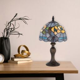 Happy Homewares Purple Stained Glass Butterfly Tiffany Lamp with Amber Roses & Sky Blue Strips - thumbnail 6