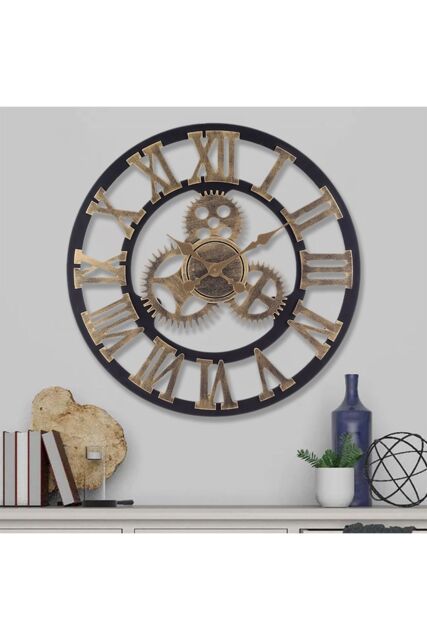 Living and Home 58cm Industrial Gold Roman Numeral Silent Wall Clock with Gear Design - image 1