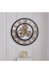 Living and Home 58cm Industrial Gold Roman Numeral Silent Wall Clock with Gear Design - thumbnail 3