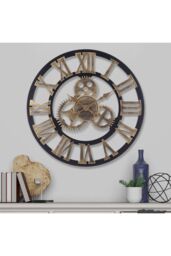 Living and Home 58cm Industrial Gold Roman Numeral Silent Wall Clock with Gear Design - thumbnail 1