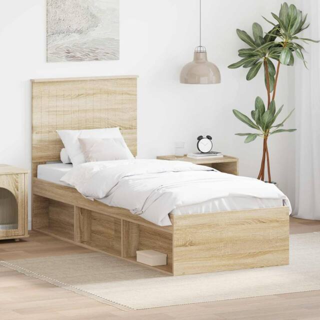 Berkfield Home Bed Frame with Headboard Sonoma Oak 75 x 190 cm Solid Pine Wood in Brown - image 1