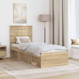 Berkfield Home Bed Frame with Headboard Sonoma Oak 75 x 190 cm Solid Pine Wood in Brown - thumbnail 3