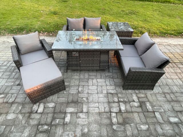Fimous Rattan Outdoor Garden Furniture Gas Fire Pit Table Sets Gas Heater with Love Sofa Armchair Big Footstool Side Table 6 Seater in Dark Grey