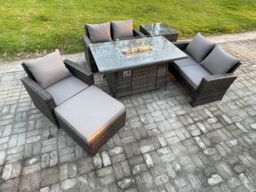 Fimous Rattan Outdoor Garden Furniture Gas Fire Pit Table Sets Gas Heater with Love Sofa Armchair Big Footstool Side Table 6 Seater in Dark Grey - thumbnail 2