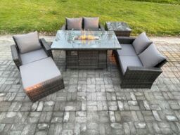Fimous Rattan Outdoor Garden Furniture Gas Fire Pit Table Sets Gas Heater with Love Sofa Armchair Big Footstool Side Table 6 Seater in Dark Grey - thumbnail 1