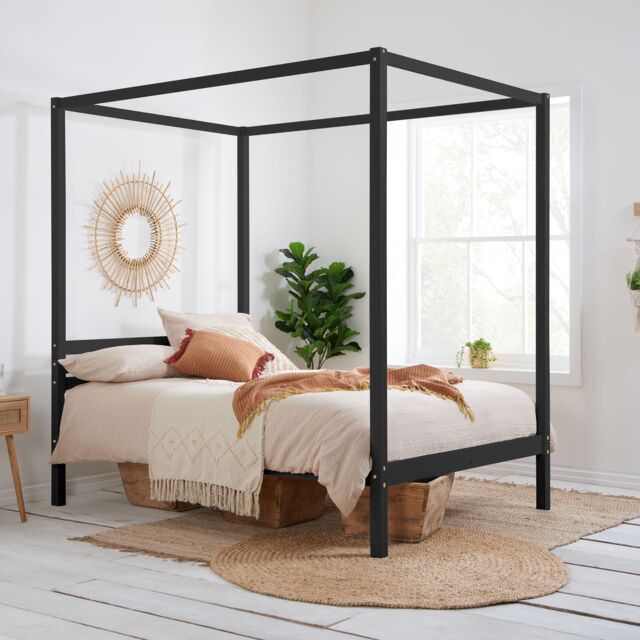 Birlea Four Poster Bed Frame Solid Wood 4 Poster Canopy Mercia in Black - Size: Double - image 1