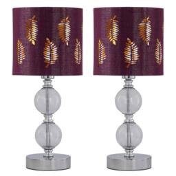 First Choice Lighting Set of 2 Chrome Two Ball Table Lamps with Burgundy Fern Shades in Silver - thumbnail 1