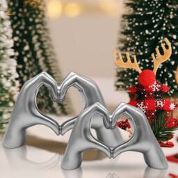 Huhote Resin Heart Hands Love Gesture Sculpture 2 Set Home Office Desk Decor in Silver - thumbnail 4