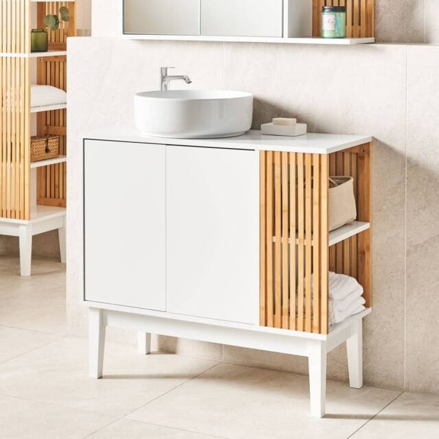 Wyld and Coco Washbasin Cabinet White and Light Wood with Bamboo Accents - image 1