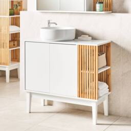 Wyld and Coco Washbasin Cabinet White and Light Wood with Bamboo Accents