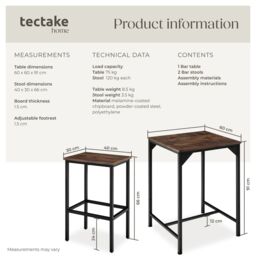 tectake Dining Table & 2 Bar Stools Inverness in Brown - Size: 2 Seater - thumbnail 6