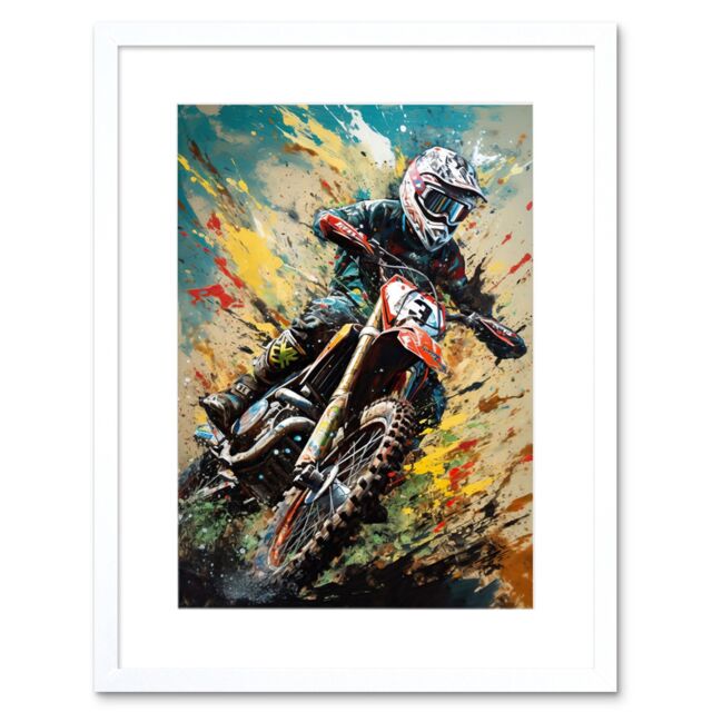 "Artery8 Wall Art Print Motocross Race Sport Driver Action Shot Painting Artwork Framed 9X7 Inch in White - Size: W7"" x H9""" - image 1
