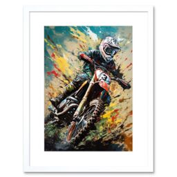 "Artery8 Wall Art Print Motocross Race Sport Driver Action Shot Painting Artwork Framed 9X7 Inch in White - Size: W7"" x H9""" - thumbnail 1