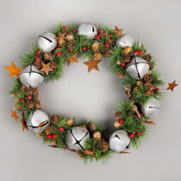 Shatchi 40cm Bells Starsand Pine Green Christmas Wreath in Silver - thumbnail 3