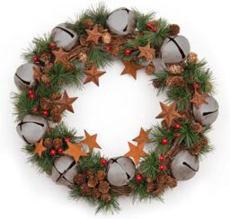 Shatchi 40cm Bells Starsand Pine Green Christmas Wreath in Silver