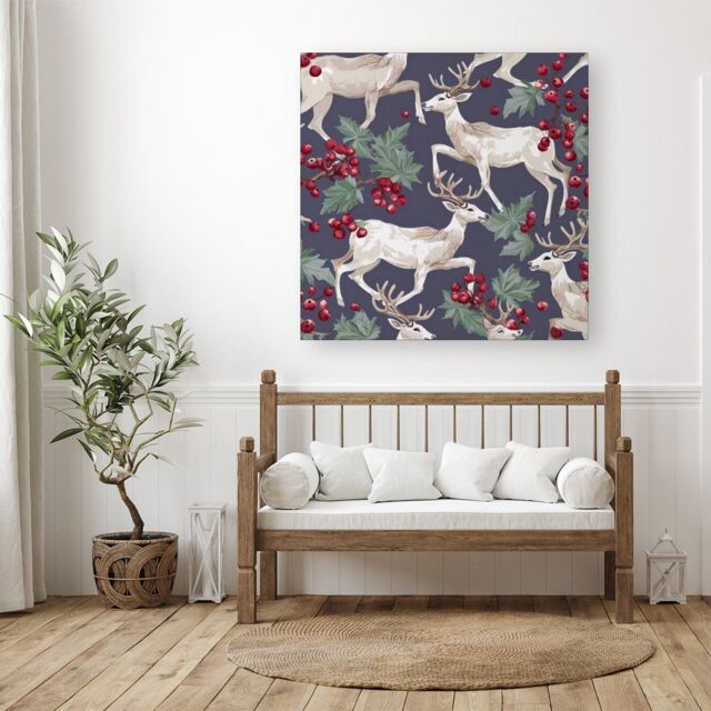 "Warren Reed - Designer Reindeers & Holly Canvas - Size: W30"" x H30""" - image 1