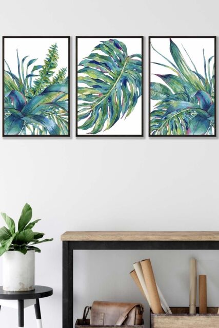 ARTZE Framed Blue Green Watercolour Tropical Leaves Framed Wall Art - Medium in Black - Size: W45 cm x H62 cm x D20mm - image 1