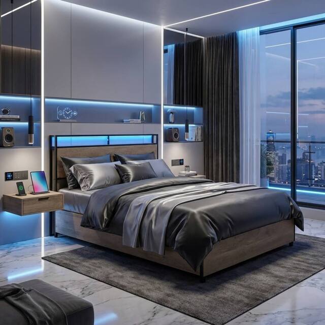 Harmin Double Bed Frame with LED Lighting, Charging Ports & Storage in Natural - image 1