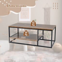 Gymax 2-Tier Industrial Coffee Table 105 CM Rectangle Center Table Metal Frame in Brown - thumbnail 3