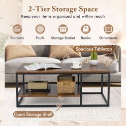 Gymax 2-Tier Industrial Coffee Table 105 CM Rectangle Center Table Metal Frame in Brown - thumbnail 2