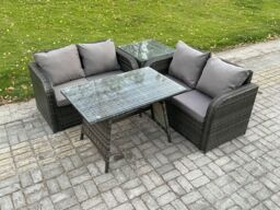 Fimous Outdoor Garden Furniture Sets 4 Pieces Wicker Rattan Furniture Sofa Sets with Rectangular Dining Table in Dark Grey - thumbnail 1