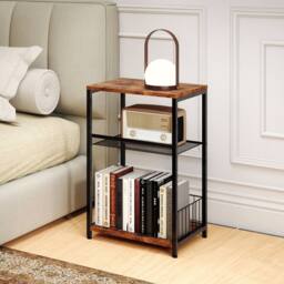 Levede Side Table Bedside End Table 3 Tier Metal Wood Storage Vintage Brown - thumbnail 2