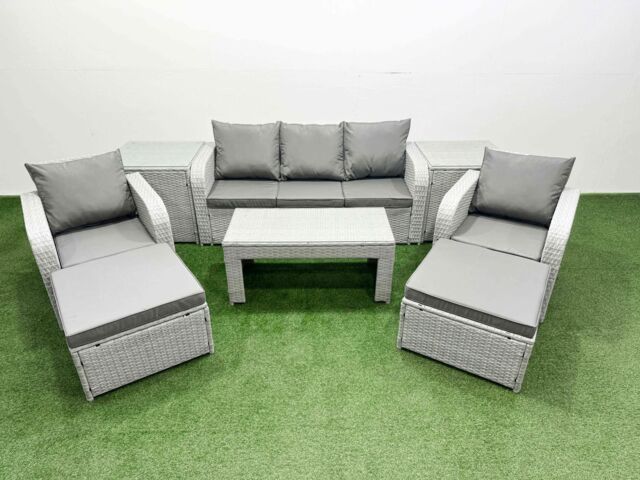 Fimous PE Rattan Garden Furniture Set Reclining Chair Sofa Lounge Sofa Set Rectangular Coffee Table 2 Side Table 2 Big Footstool Light Grey - image 1