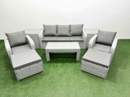 Fimous PE Rattan Garden Furniture Set Reclining Chair Sofa Lounge Sofa Set Rectangular Coffee Table 2 Side Table 2 Big Footstool Light Grey - thumbnail 2
